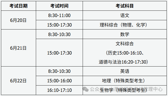 2026年山西中考时间及考试科目