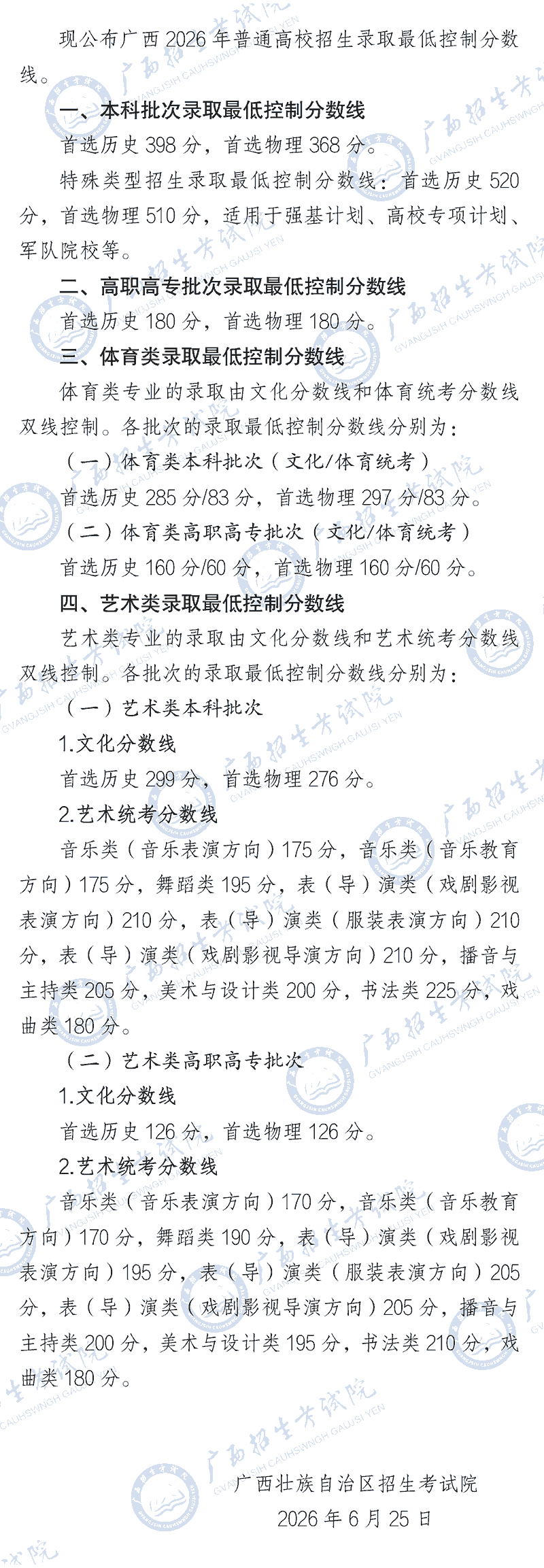 2026年广西高考分数线公布：本科线物理类368分，历史类398分